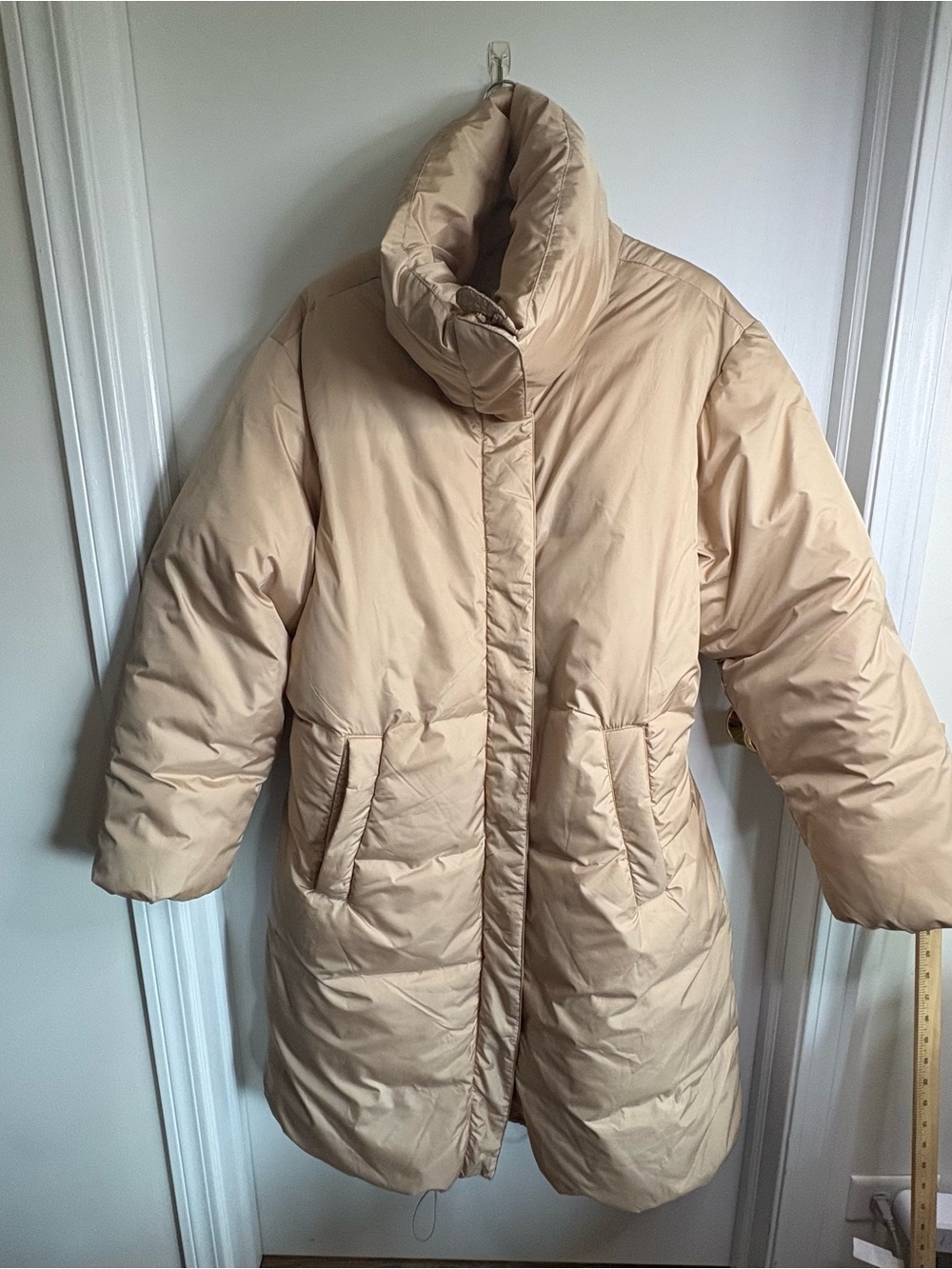Women’s Tan Midi Puffer Coat with High Funnel Collar Neutral Adjustable Cozy